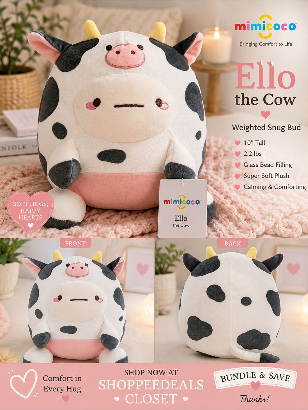 Mimicoco Ello the Cow Weighted Snug Bud Plush – 10” Sensory Stuffed Animal